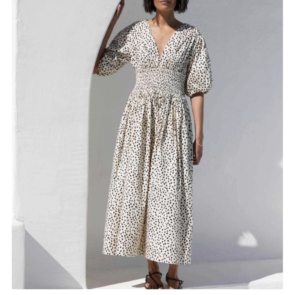 AYR The Extra Extra Smocked Puff Sleeve Midi Dress Soft Spot Beige Size XL